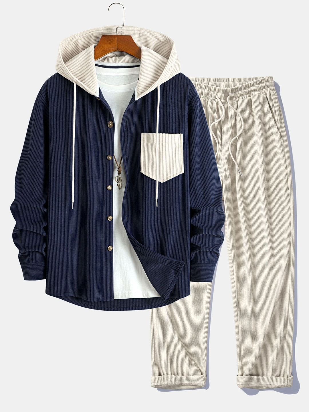 Herrars Corduroy Hooded Overshirt med Raka Byxor – Helglagringsoutfit