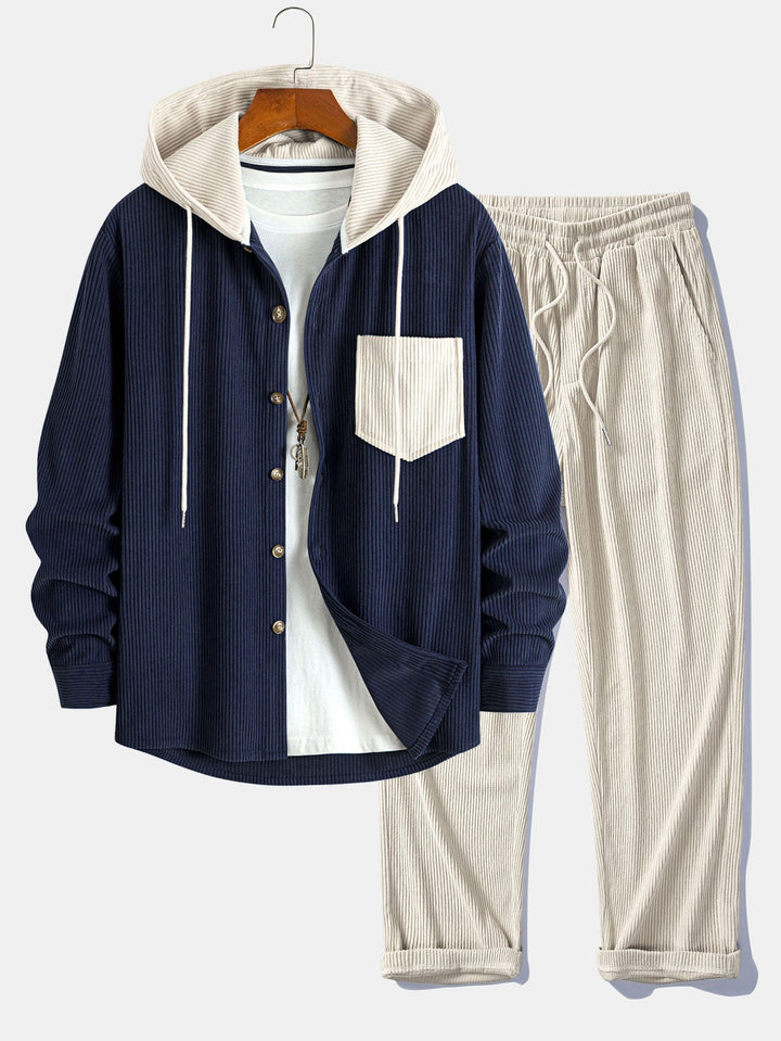 Herrars Corduroy Hooded Overshirt med Raka Byxor – Helglagringsoutfit
