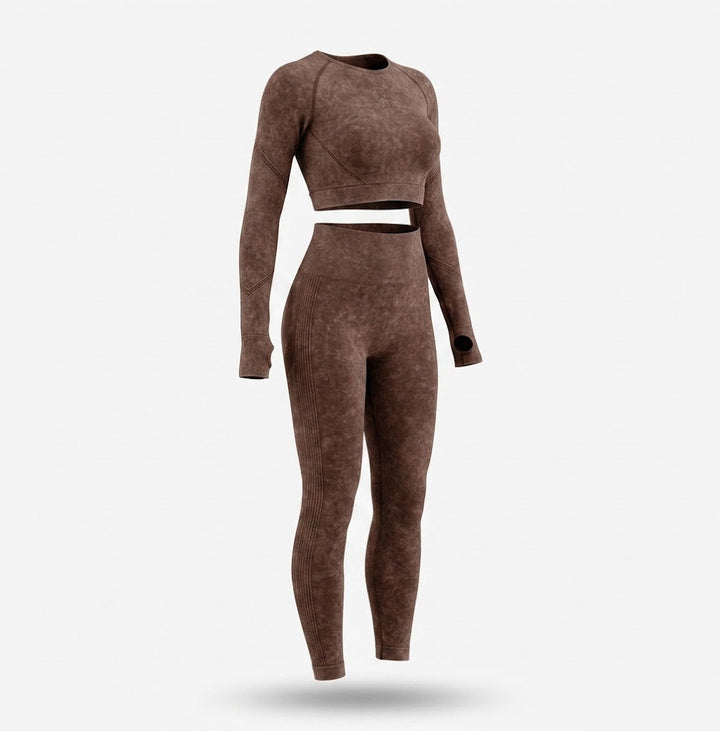 Kvinnors Sömlösa Långärmad Crop Top och Leggings Set – Formande Tvådelad Träningskläder