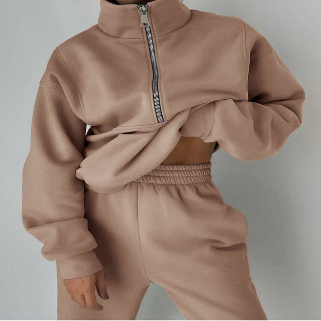 Kvinnors Halv-Zip Sweatshirt och Jogger Set – Avslappnad Tvådelad Sportig Stil