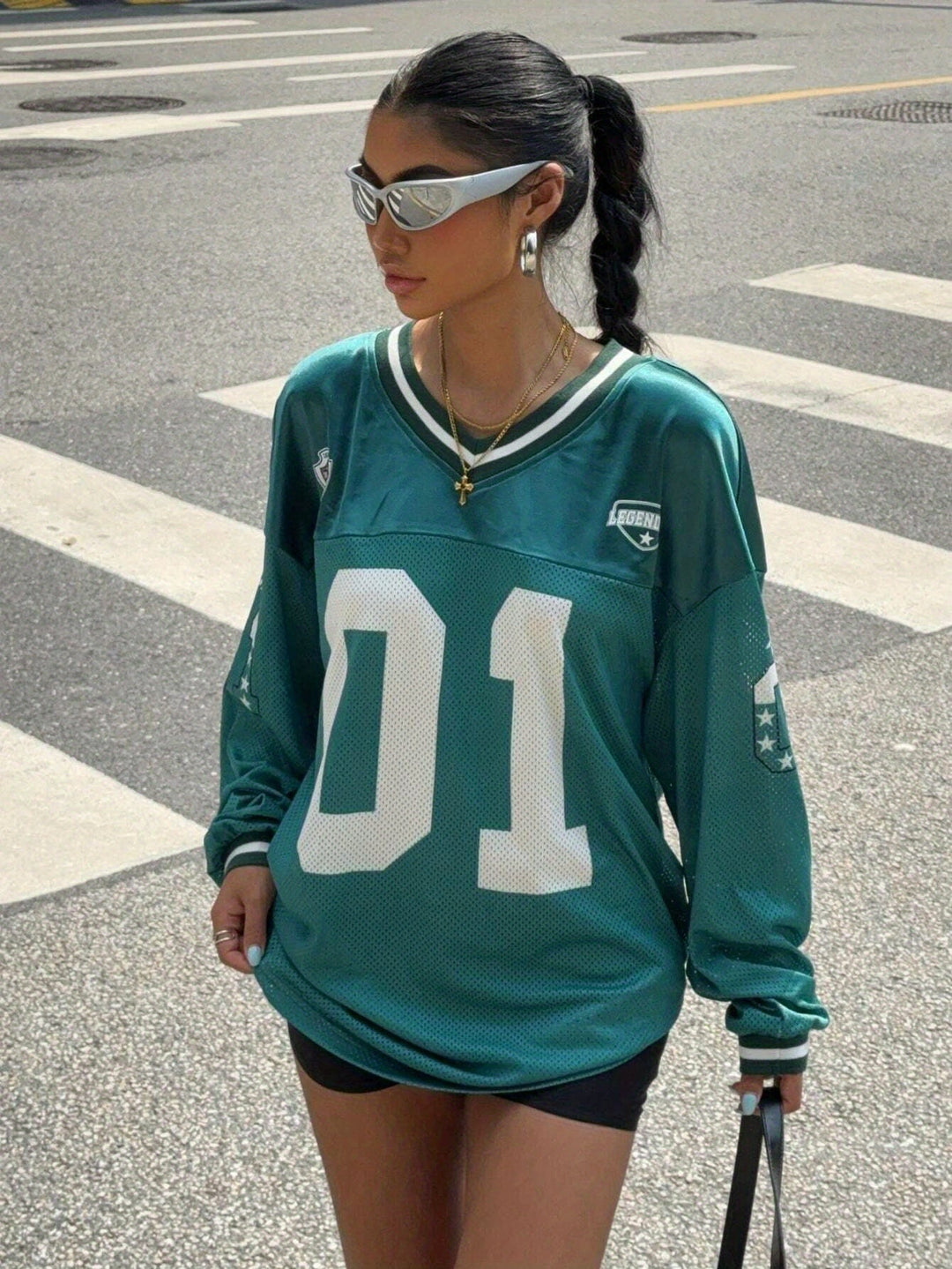 Dam Jersey T-shirt Lång Ärmar Oversized Streetwear Top