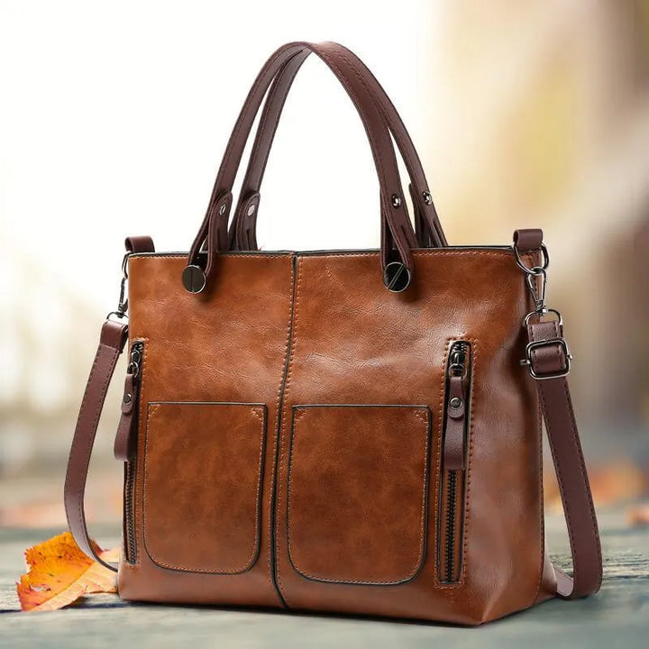 Kvinnors Vintage Läder Tote Handväska Med Flera Fickor