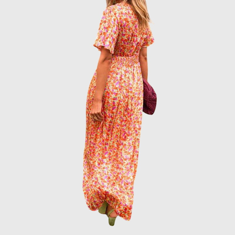 Kvinnors Tryckt Wrap-Stil Maxi Klänning – Kortärmad Outfit för Sommarevenemang