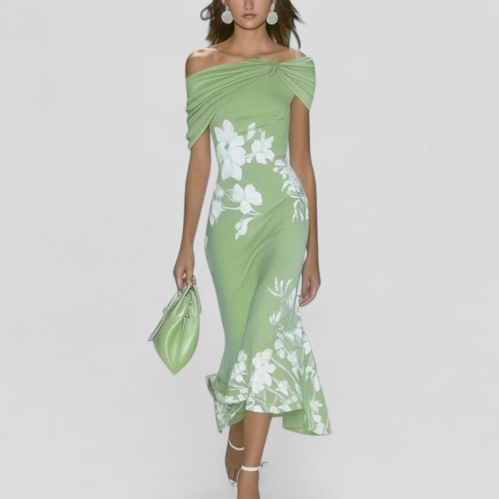 Kvinnors Off-Shoulder Blommig Midi Klänning Elegant Silhuett