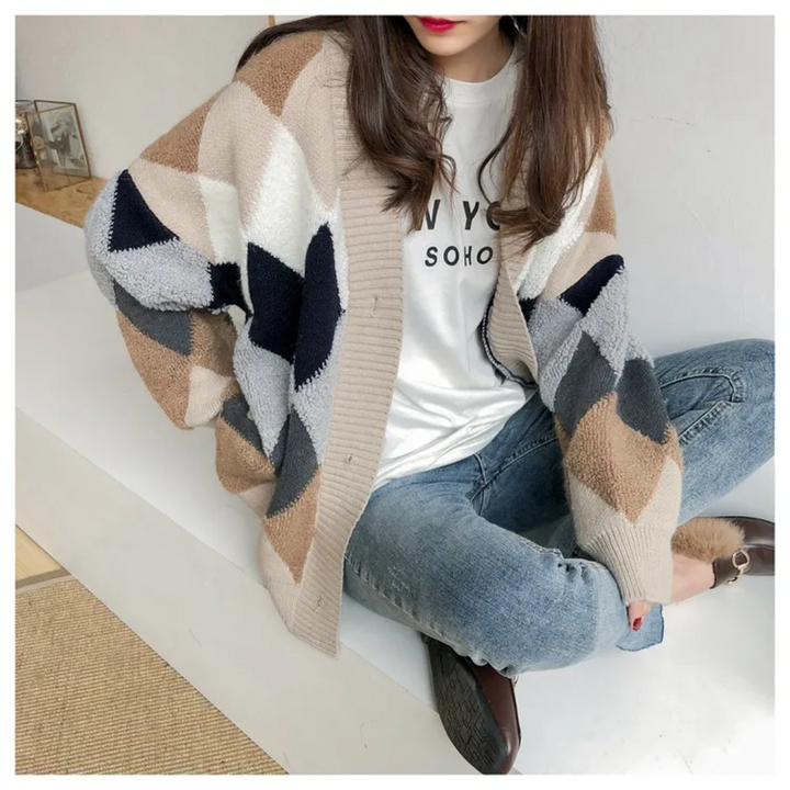 Kvinnors Tryckt Oversized Cardigan – Mjuk V-ringad Knapp-up Stickad för Höstlager