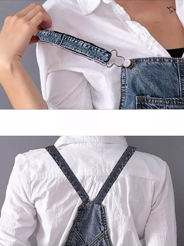 Kvinnors Sliten Denim Pinafore Maxi Klänning Med Fickor