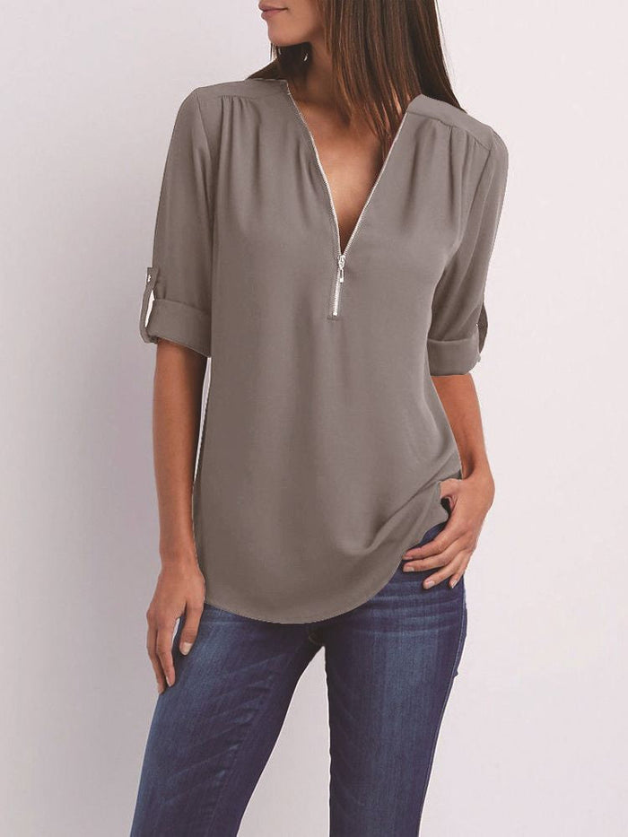 Kvinnors Zip-Neck Avslappnad Blus – Roll-Tab Ärmar för Vardagsbruk