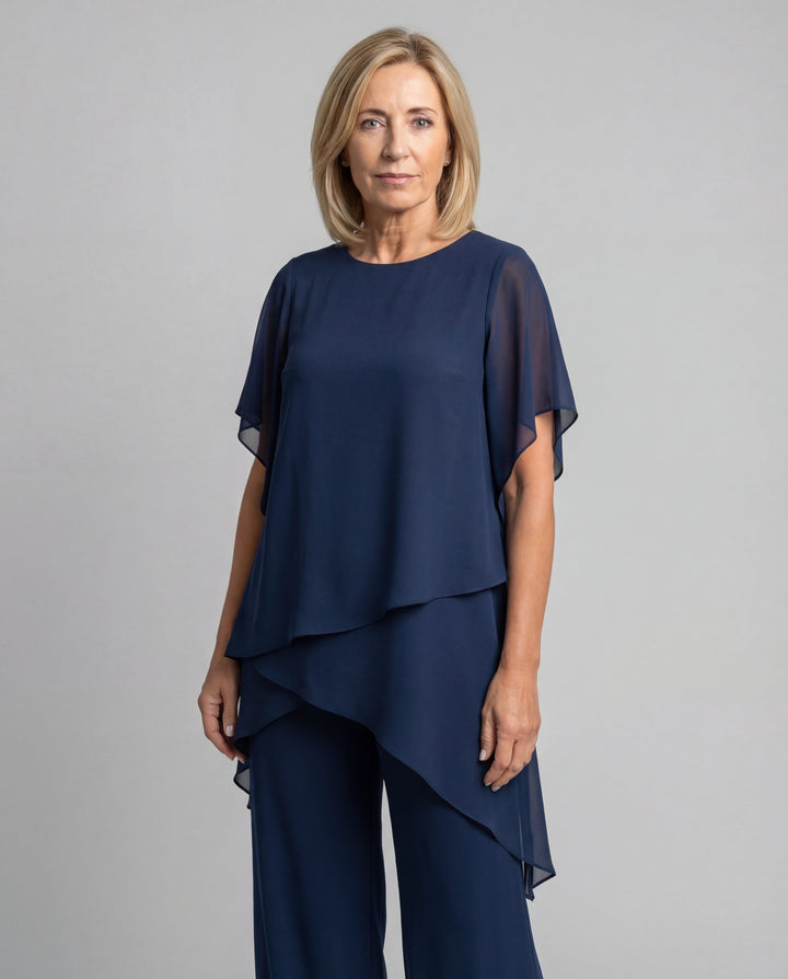 Kvinnors Lagerfördelad Tvådelad Byxdress – Flödande Tillställningsoutfit för Bröllop