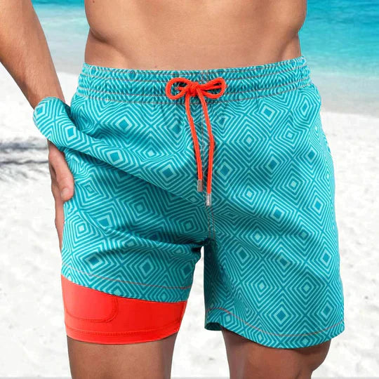 Herrarnas tryckta badshorts med dragsko för stranden