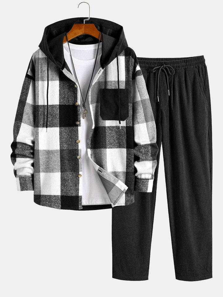Herrens Hooded Flanellskjorta och Corduroybyxor Set – Avslappnad Höstcasual