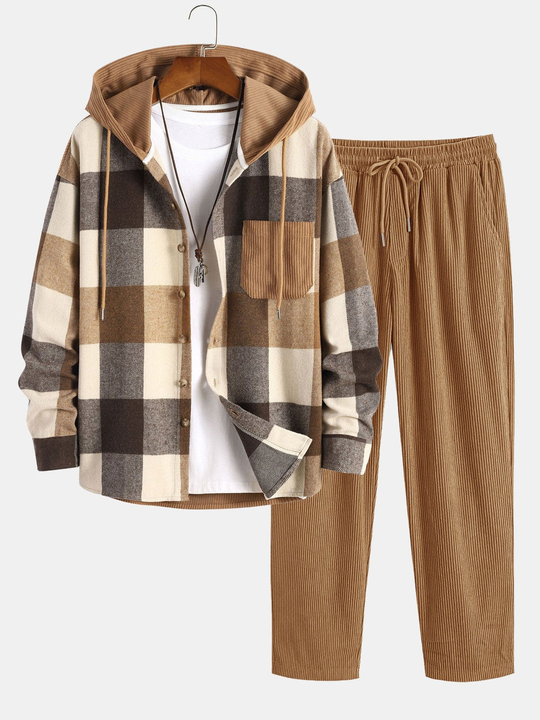 Herrens Hooded Flanellskjorta och Corduroybyxor Set – Avslappnad Höstcasual