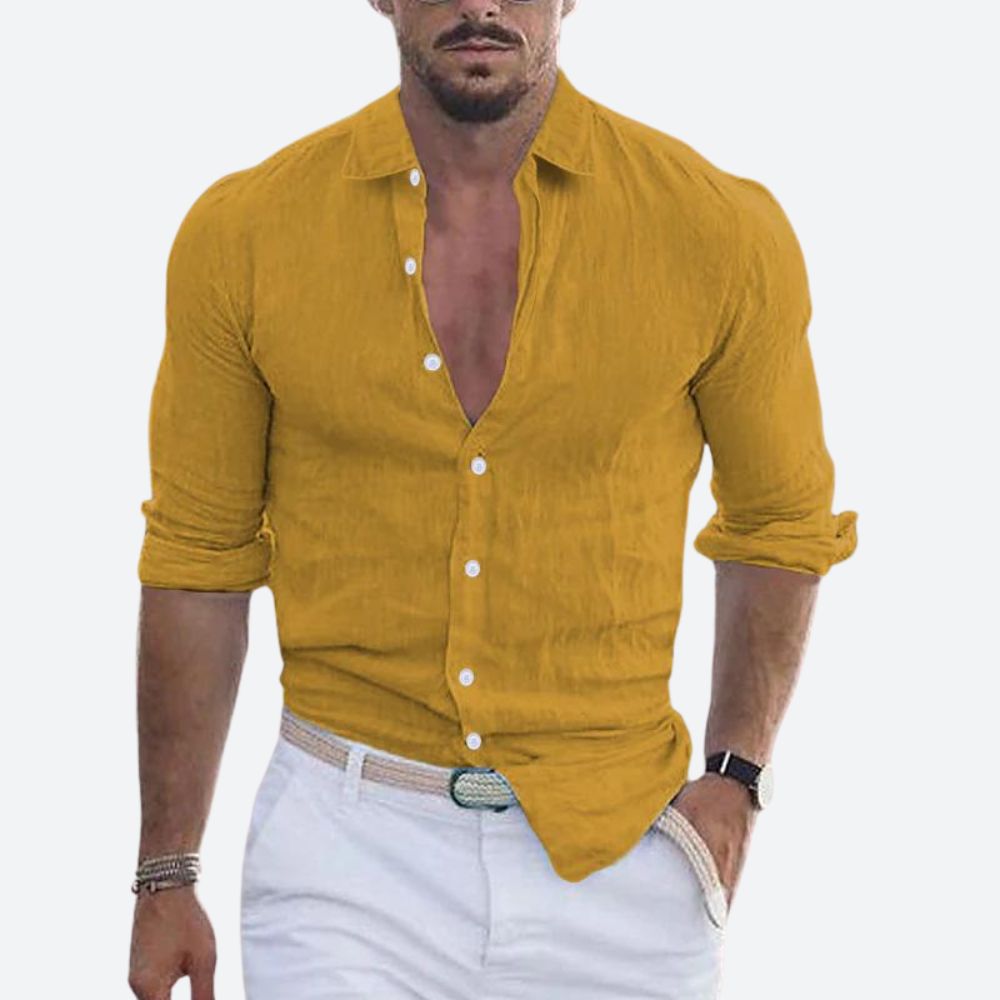 Herr Slim Fit Linne Skjorta Öppen Krage Sommar Knapp-Up