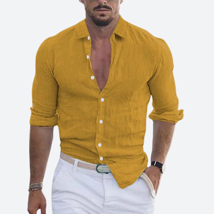 Herr Slim Fit Linne Skjorta Öppen Krage Sommar Knapp-Up