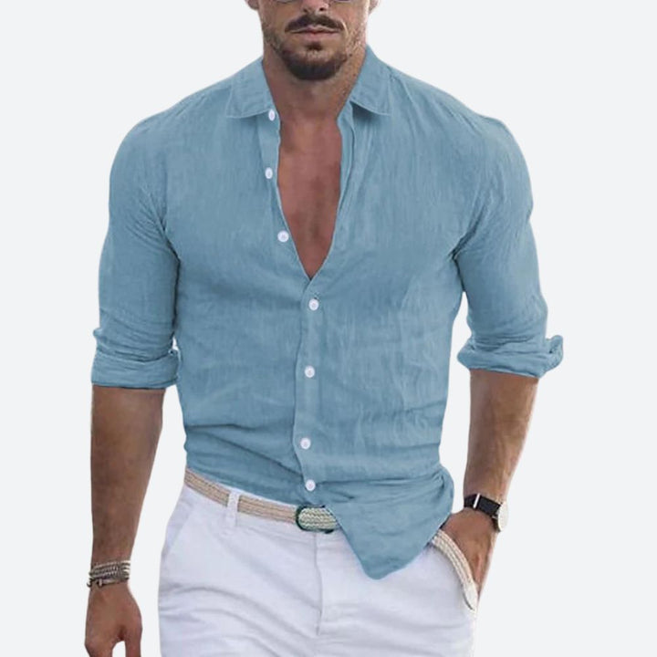 Herr Slim Fit Linne Skjorta Öppen Krage Sommar Knapp-Up