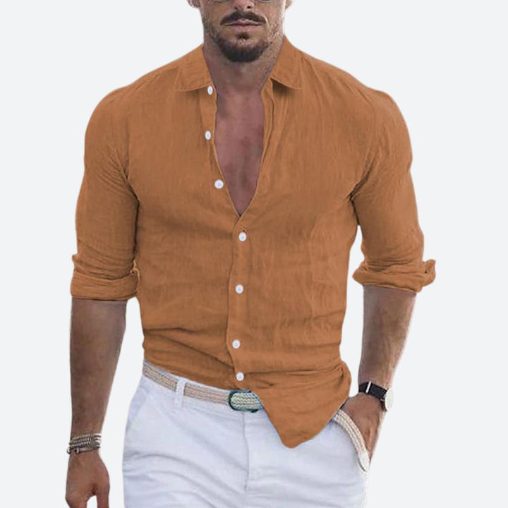 Herr Slim Fit Linne Skjorta Öppen Krage Sommar Knapp-Up