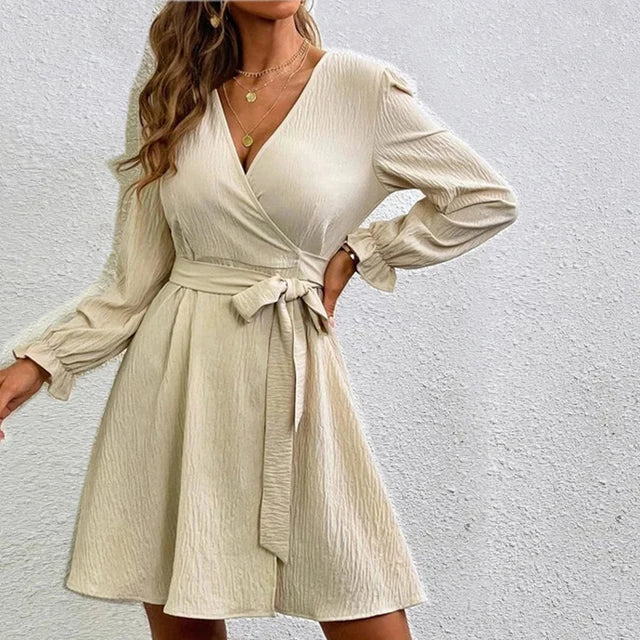 Kvinnors Bälte Wrap Klänning – V-Hals Långärmad Stil för Smart Casual Klädsel