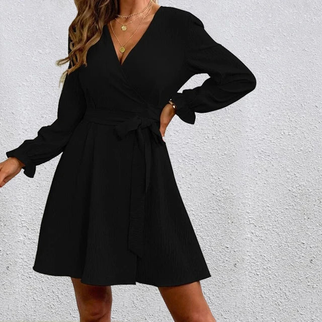 Kvinnors Bälte Wrap Klänning – V-Hals Långärmad Stil för Smart Casual Klädsel