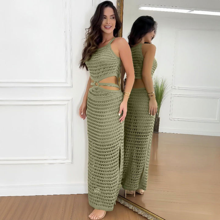 Kvinnors Cut-Out Öppen Arbets Maxi Klänning – Ärmlös Sommarstil med Framslits
