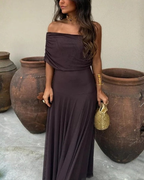 Kvinnors Off-Shoulder Draped Maxi Klänning – Fluid Silhuett för Sommarkvällar och Evenemang