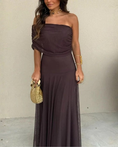 Kvinnors Off-Shoulder Draped Maxi Klänning – Fluid Silhuett för Sommarkvällar och Evenemang
