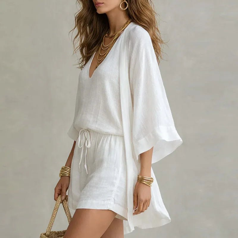 Kvinnors Andningsbara Bomulls- och Linne Tre Dela Shorts Set – Avslappnad Sommarsemester Outfit
