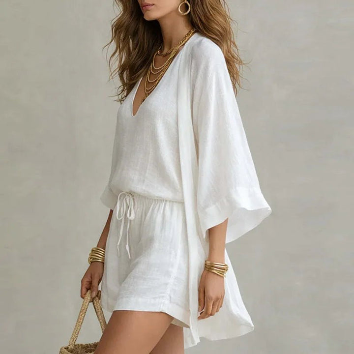 Kvinnors Andningsbara Bomulls- och Linne Tre Dela Shorts Set – Avslappnad Sommarsemester Outfit