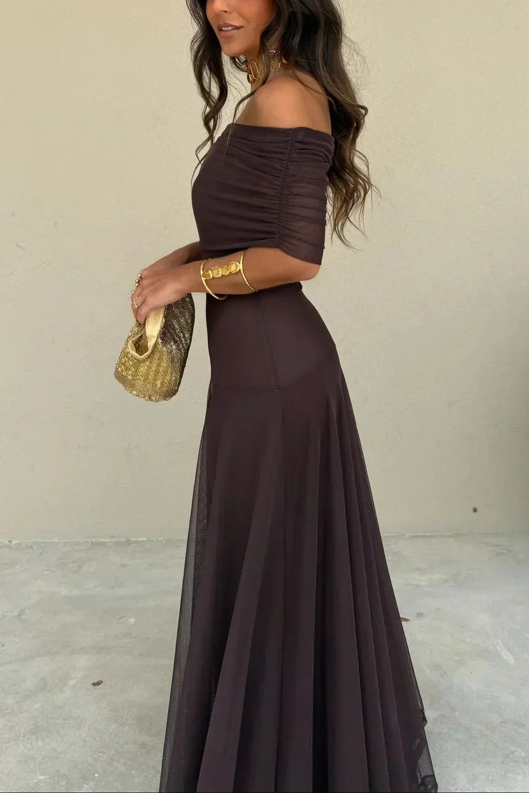 Kvinnors Off Shoulder Draped Waist Bröllopsgäst Maxi Klänning