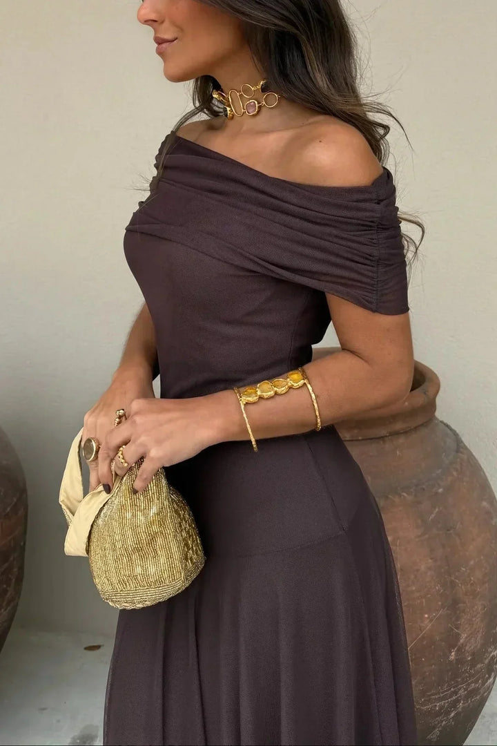 Kvinnors Off Shoulder Draped Waist Bröllopsgäst Maxi Klänning