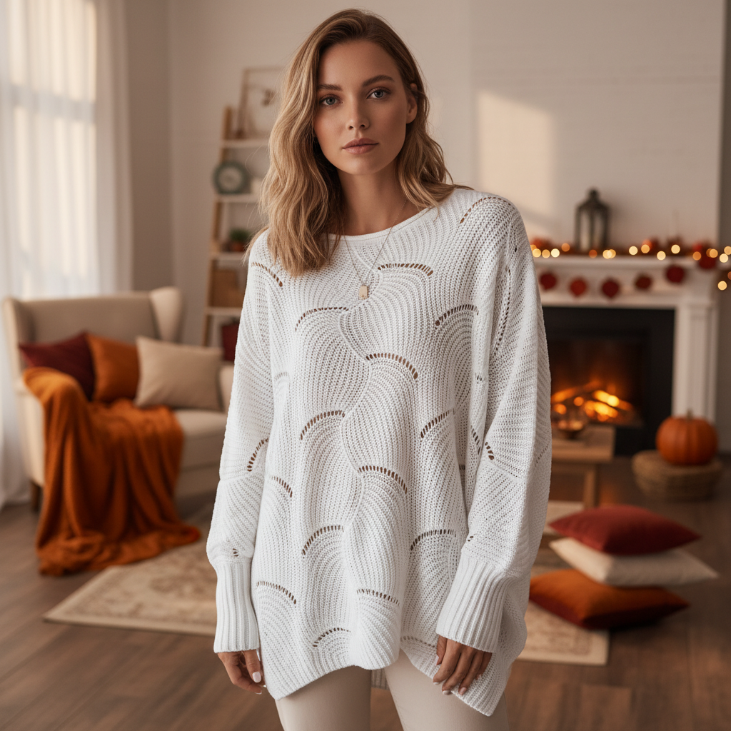 Kvinnors Oversized Öppen Stickad Tröja med Draperad Asymmetrisk Nederkant