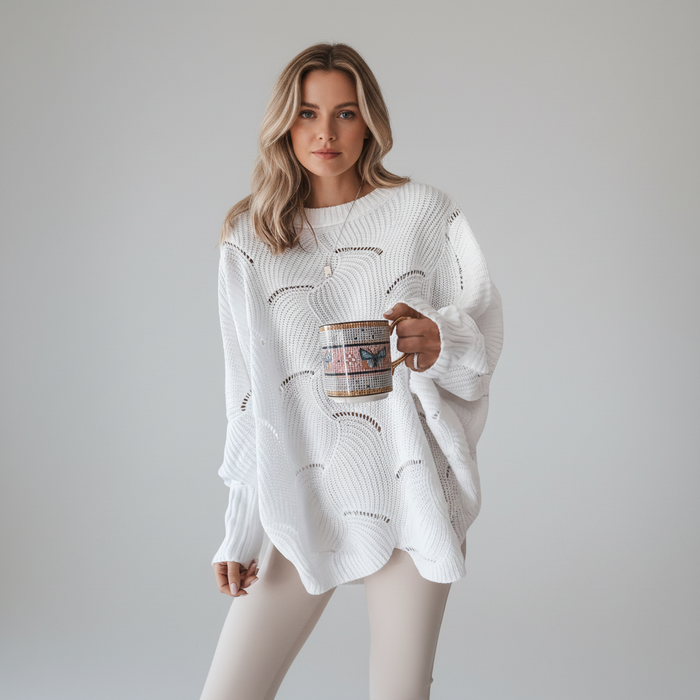 Kvinnors Oversized Öppen Stickad Tröja med Draperad Asymmetrisk Nederkant