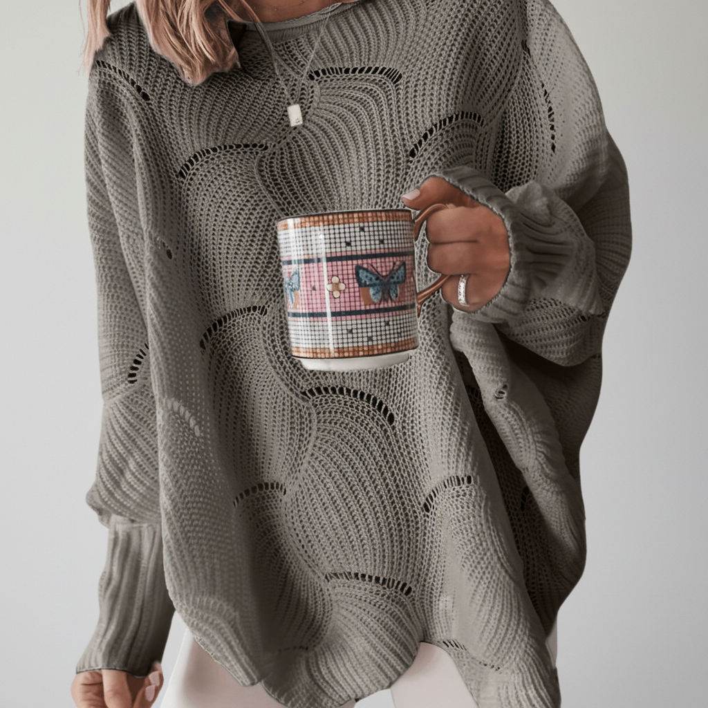 Kvinnors Oversized Öppen Stickad Tröja med Draperad Asymmetrisk Nederkant