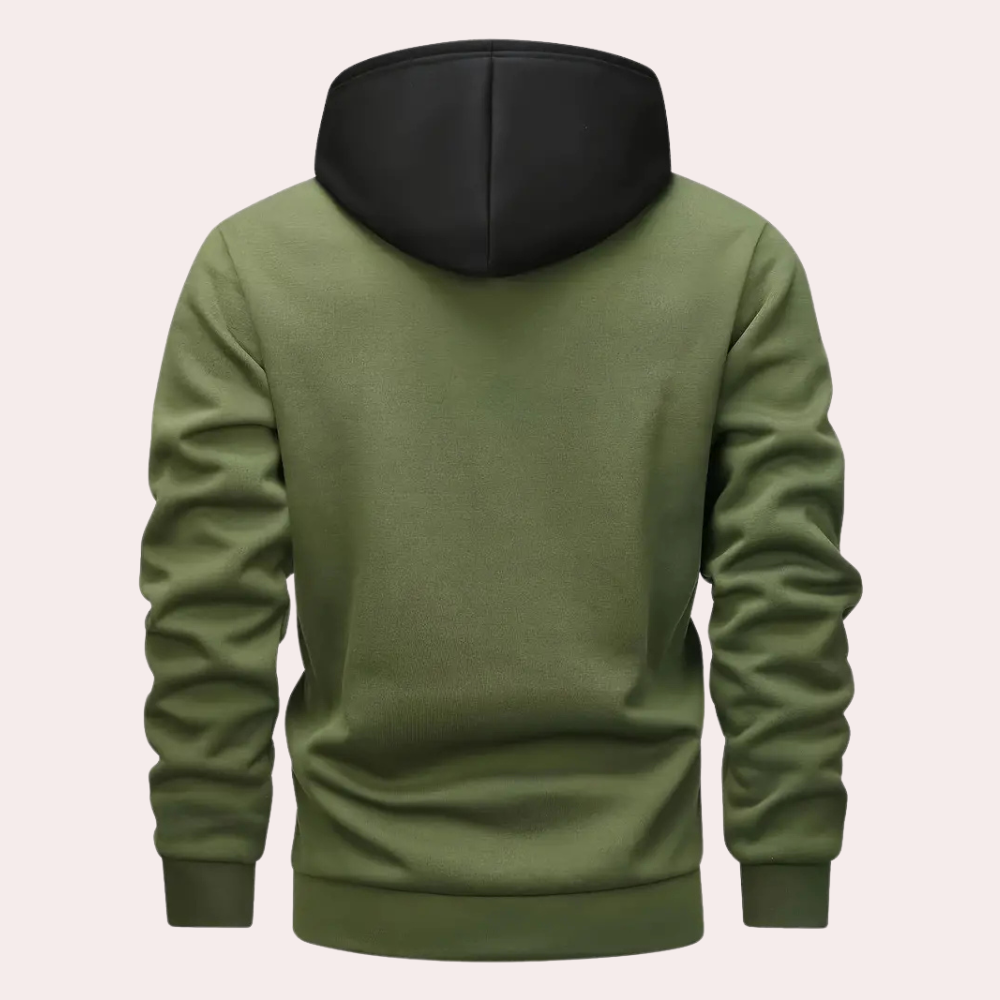 Hoodie för män med kontrastpanel, pullover med dragsko, avslappnad streetwear, sweatshirt