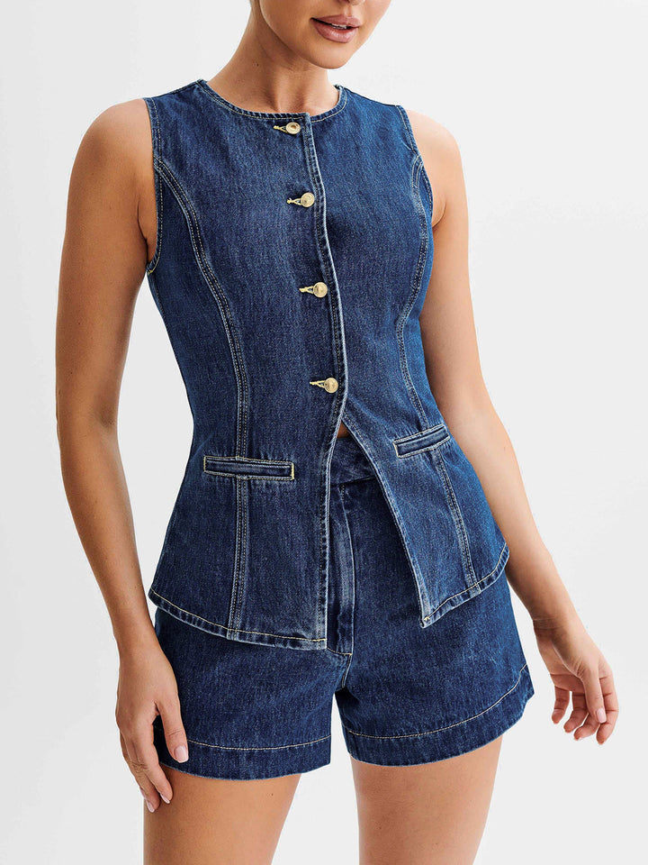 Kvinnors ärmlös denimväst och shorts tvådelad set