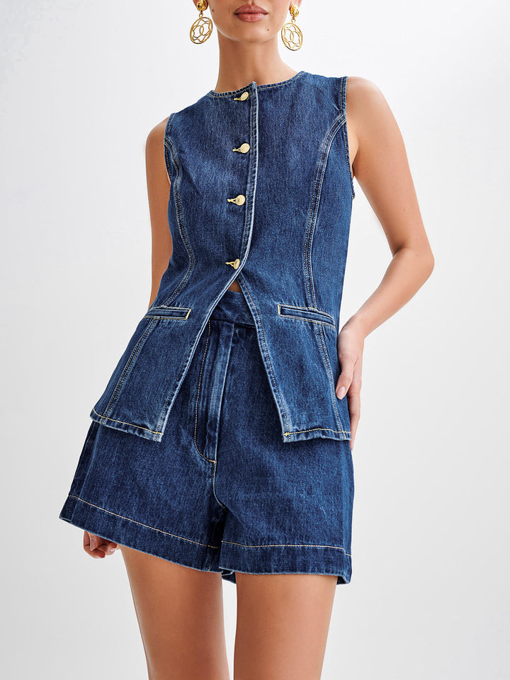 Kvinnors ärmlös denimväst och shorts tvådelad set