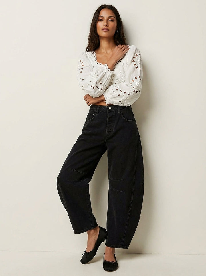 Kvinnors Avslappnade Barrel Leg Denimjeans Högmidjade Byxor