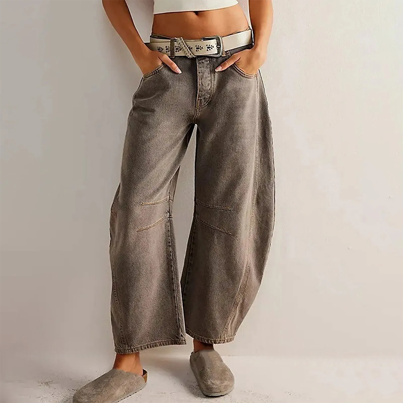 Kvinnors Avslappnade Barrel Leg Denimjeans Högmidjade Byxor