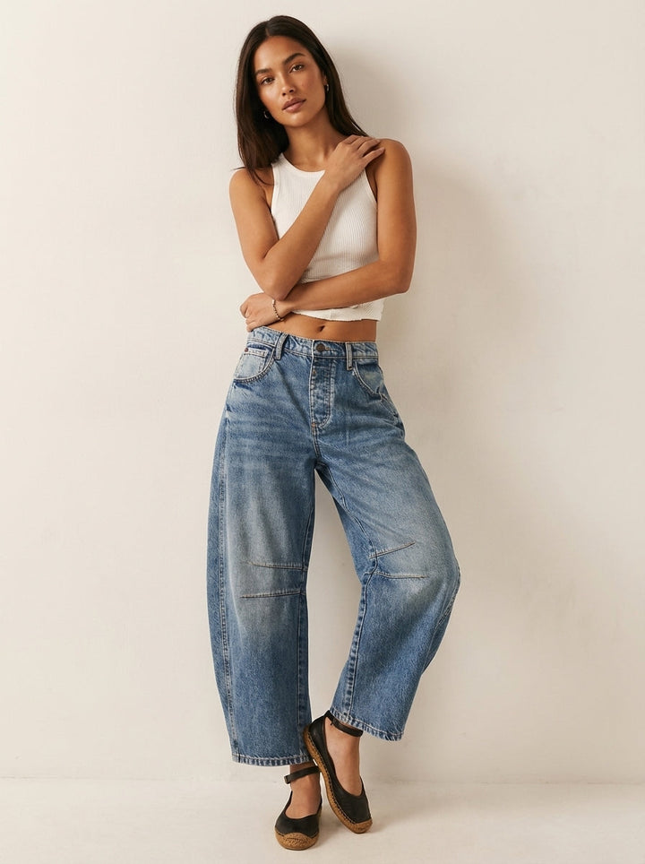 Kvinnors Avslappnade Barrel Leg Denimjeans Högmidjade Byxor