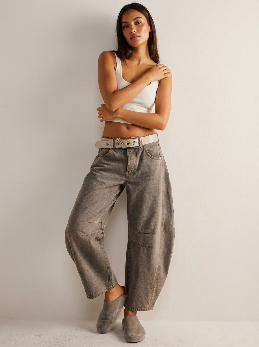 Kvinnors Avslappnade Barrel Leg Denimjeans Högmidjade Byxor
