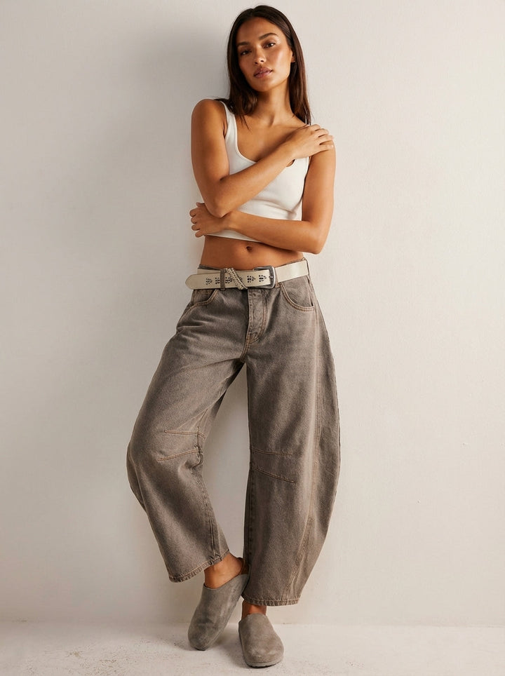 Kvinnors Avslappnade Barrel Leg Denimjeans Högmidjade Byxor