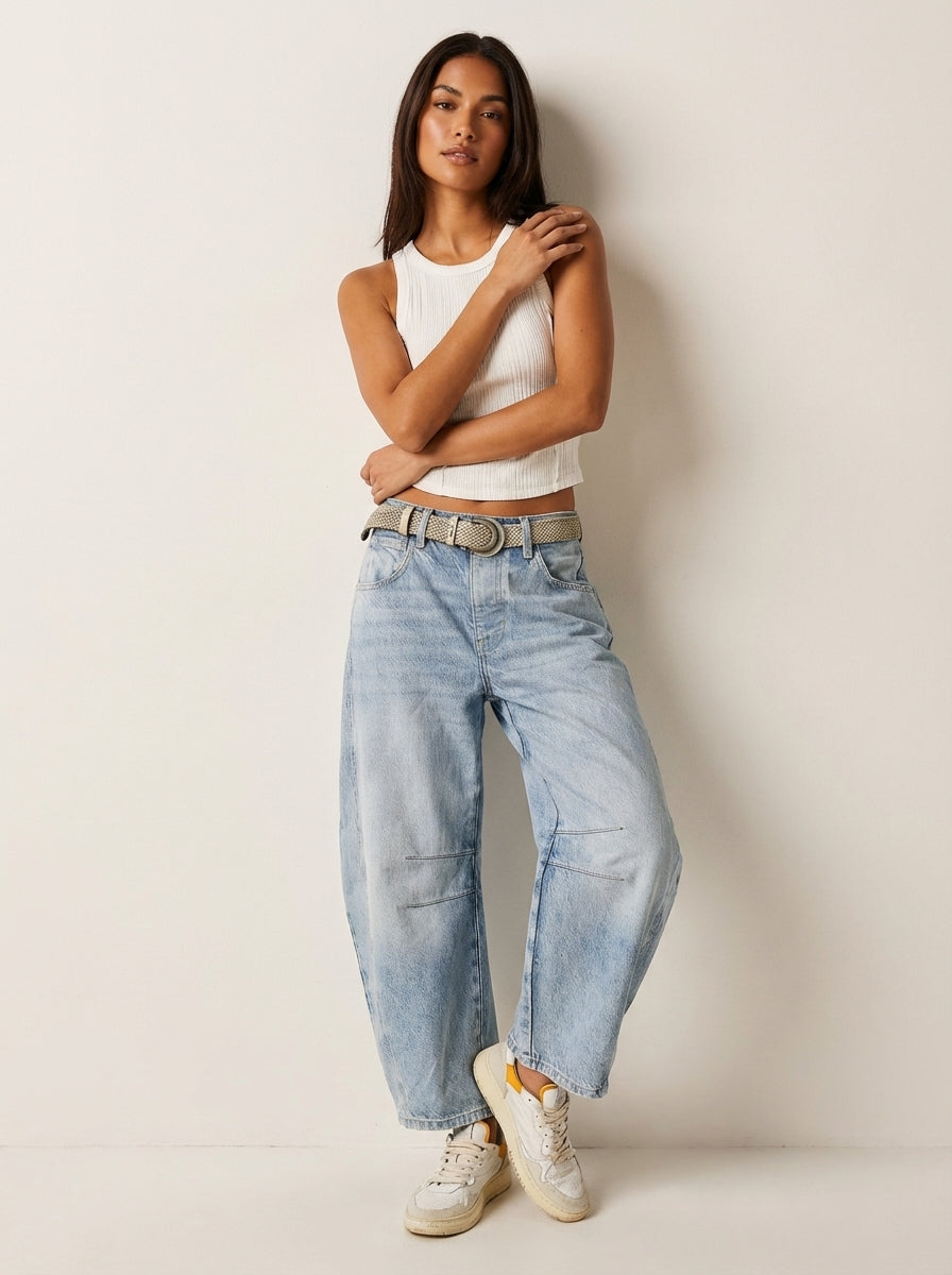 Kvinnors Avslappnade Barrel Leg Denimjeans Högmidjade Byxor