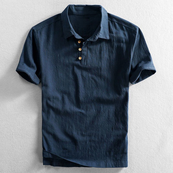 Herrars kortärmad linne-look polo skjorta med knappslå