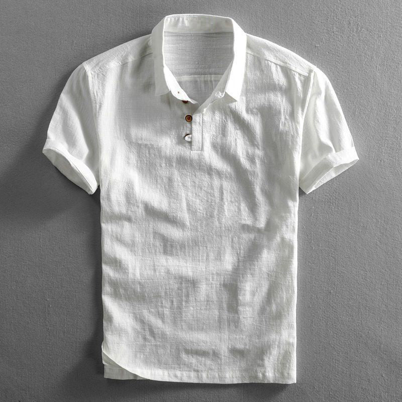 Herrars kortärmad linne-look polo skjorta med knappslå