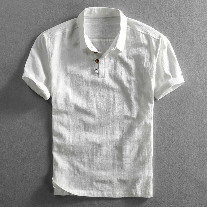Herrars kortärmad linne-look polo skjorta med knappslå