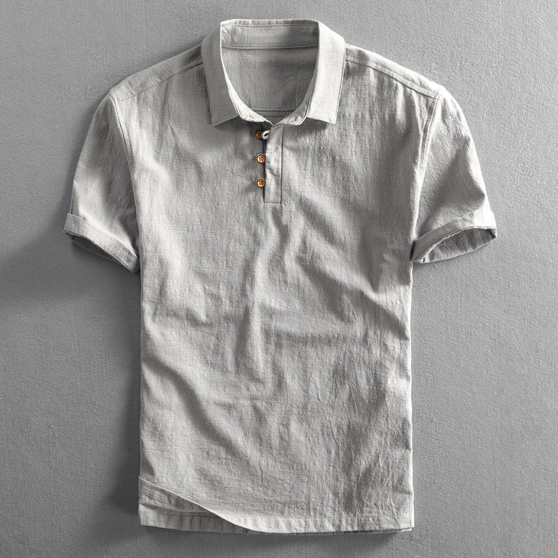 Herrars kortärmad linne-look polo skjorta med knappslå
