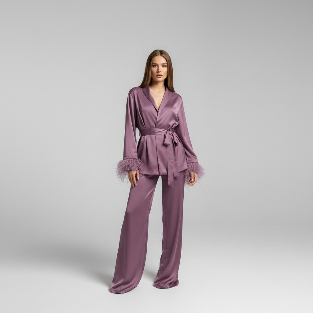 Kvinnors Satin Loungewear Set med Fjädermanschetter – Avslappnad Hem- och Kvällsdräkt
