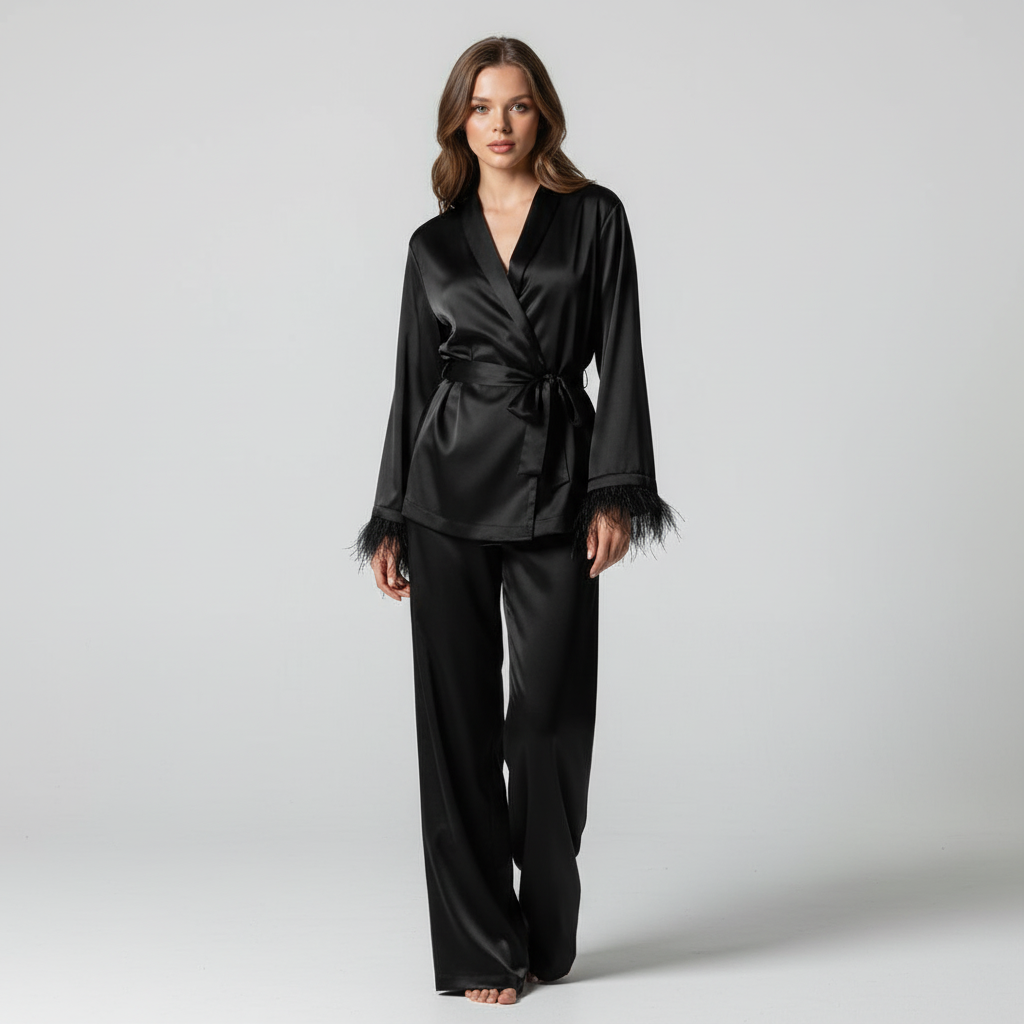 Kvinnors Satin Loungewear Set med Fjädermanschetter – Avslappnad Hem- och Kvällsdräkt