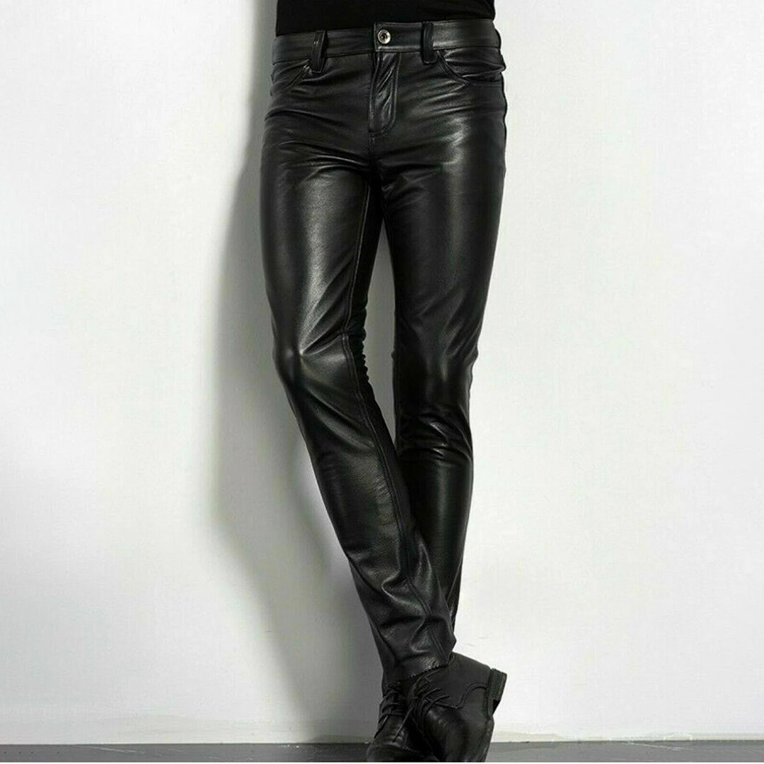 Herr Slim Fit Faux Läderbyxor Modern Streetwear Stil