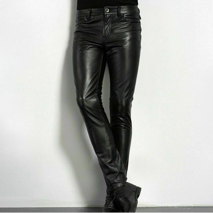 Herr Slim Fit Faux Läderbyxor Modern Streetwear Stil