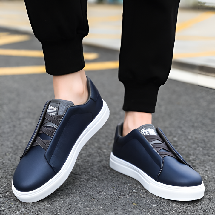 Herrens Släta Läder Elastiska Snörning Tjock Sula Sneakers