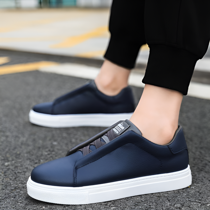 Herrens Släta Läder Elastiska Snörning Tjock Sula Sneakers
